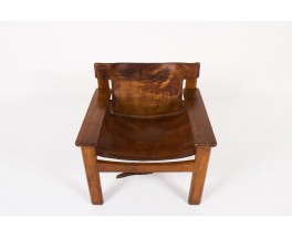 Fauteuil Bernt Petersen en pin et cuir patine marron design danois 1970