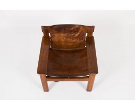 Fauteuil Bernt Petersen en pin et cuir patine marron design danois 1970