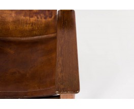 Fauteuil Bernt Petersen en pin et cuir patine marron design danois 1970