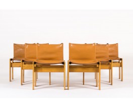 Chaises Afra et Tobia Scarpa modele Monk cuir cognac edition Molteni 1970 set de 6