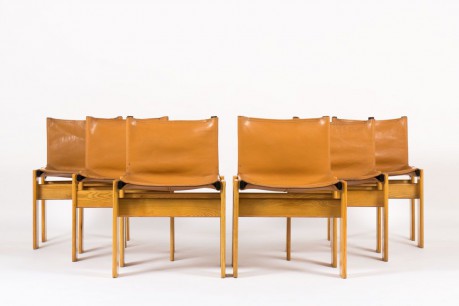 Chaises Afra et Tobia Scarpa modele Monk cuir cognac edition Molteni 1970 set de 6