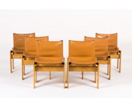 Chaises Afra et Tobia Scarpa modele Monk cuir cognac edition Molteni 1970 set de 6