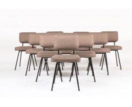 Chaises Andre Simard tissu marron edition Airborne 1950 set de 10