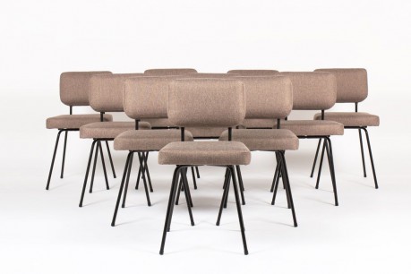 Chaises Andre Simard tissu marron edition Airborne 1950 set de 10