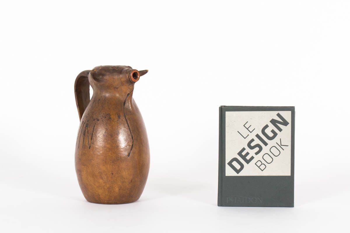 Pichet Artesania Raymon en ceramique et cuir marron design espagnol 1950