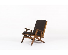 Fauteuil en chene et coussin lin noir design reconstruction 1950