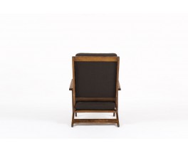 Fauteuil en chene et coussin lin noir design reconstruction 1950