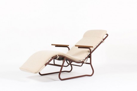 Chaise longue Jean Lesage metal bordeaux et assise beige edition Airborne 1950 