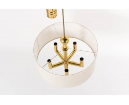 Suspension a contrepoids en metal dore et abat-jour tissu beige 1950