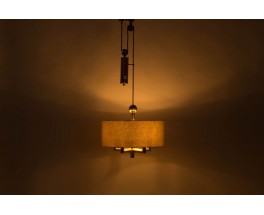 Suspension a contrepoids en metal dore et abat-jour tissu beige 1950