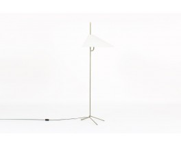 Lampadaire tripode metal gris et laiton abat-jour blanc 1950