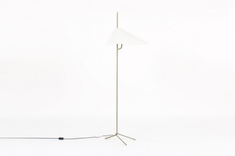 Lampadaire tripode metal gris et laiton abat-jour blanc 1950