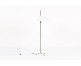 Lampadaire tripode metal gris et laiton abat-jour blanc 1950