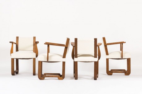 Fauteuils Francisque Chaleyssin en chene et lainage beige 1930 set de 4