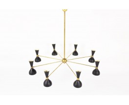 Lustre 8 feux en laiton et diffuseurs noirs design contemporain italien