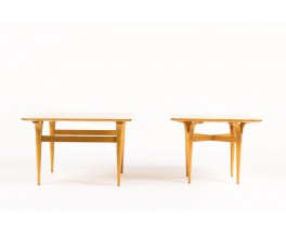 Tables basses Bruno Mathsson modele a pieds fendus en loupe de bouleau design suedois 1950 set de 2