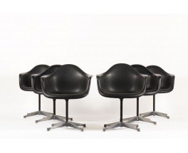 Fauteuils de bureau Charles et Ray Eames pivotants pieds fixes en skai noir edition Herman Miller 1960 set de 6