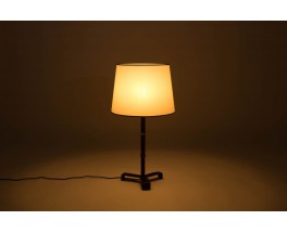 Lampe Jacques Adnet en cuir pique sellier noir abat-jour beige 1955