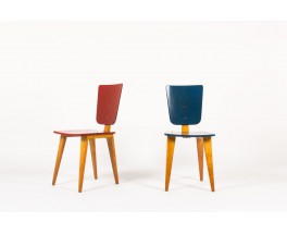 Chaises Andre Sornay en hetre laque bleu et rouge 1950 set de 2