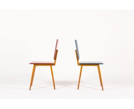 Chaises Andre Sornay en hetre laque bleu et rouge 1950 set de 2