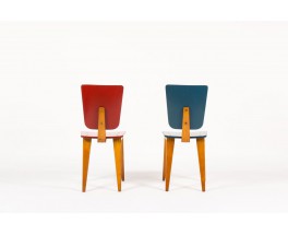 Chaises Andre Sornay en hetre laque bleu et rouge 1950 set de 2