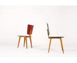 Chaises Andre Sornay en hetre laque bleu et rouge 1950 set de 2