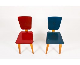 Chaises Andre Sornay en hetre laque bleu et rouge 1950 set de 2