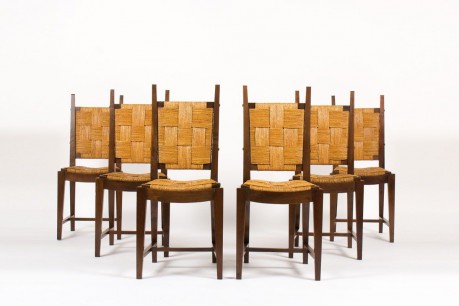Chaises en noyer et assise en paille 1950 set de 6