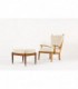 Fauteuil et repose-pieds chene cire et lin beige 1950