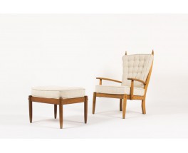 Fauteuil et repose-pieds chene cire et lin beige 1950