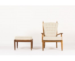 Fauteuil et repose-pieds chene cire et lin beige 1950