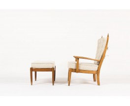 Fauteuil et repose-pieds chene cire et lin beige 1950