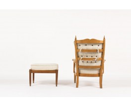 Fauteuil et repose-pieds chene cire et lin beige 1950