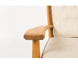 Fauteuil et repose-pieds chene cire et lin beige 1950