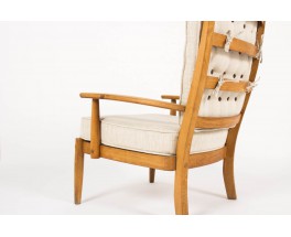 Fauteuil et repose-pieds chene cire et lin beige 1950