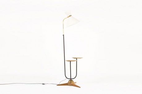 Lampadaire bois bronze et abat-jour diabolo 1950