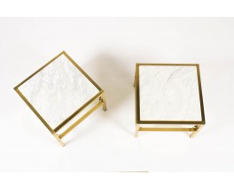 Bouts de canape modele carre laiton marbre de Carrare et verre 1970 set de 2