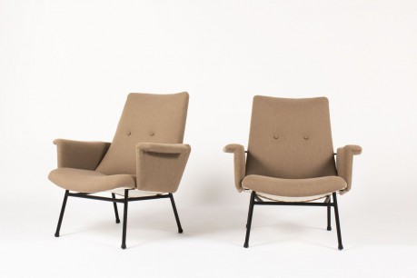 Fauteuils Pierre Guariche modele SK660 lin marron edition Steiner 1950 set de 2