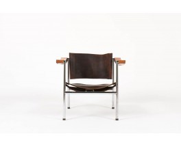 Fauteuil Fritz Haller modele hommage a Le Corbusier cuir marron 1955