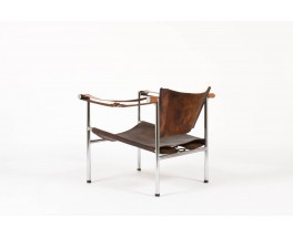 Fauteuil Fritz Haller modele hommage a Le Corbusier cuir marron 1955