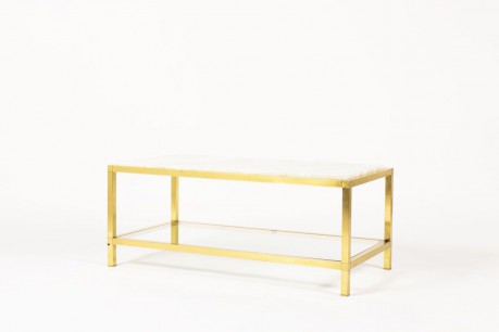 Table basse modele rectangulaire laiton marbre de Carrare et verre 1970