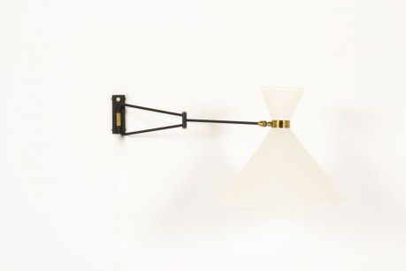 Applique metal noir laiton abat-jour diabolo beige 1950