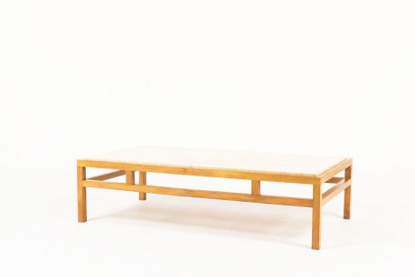 Table basse en chene et plateau travertin beige 1950