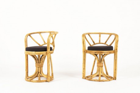 Fauteuils en rotin et coussin lin noir 1950 set de 2