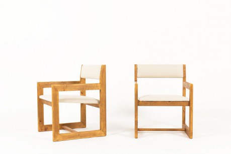 Chauffeuses Andre Sornay en pin et lainage beige 1960 set de 2
