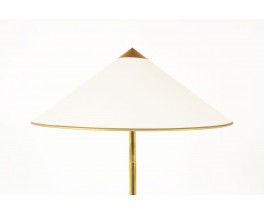 Lampadaire tripode en laiton et abat-jour beige chapeau chinois 1950