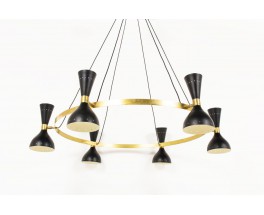 Lustre 6 feux en laiton et diffuseurs noirs design contemporain italien