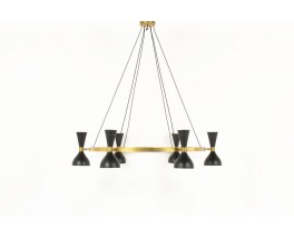 Lustre 6 feux en laiton et diffuseurs noirs design contemporain italien