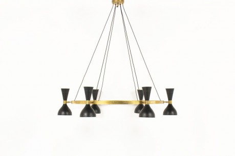 Lustre 6 feux en laiton et diffuseurs noirs design contemporain italien