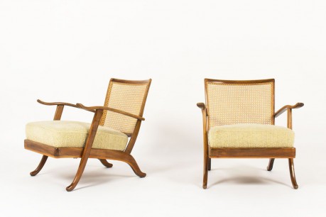 Fauteuils noyer sycomore et cannage design italien 1950 set de 2